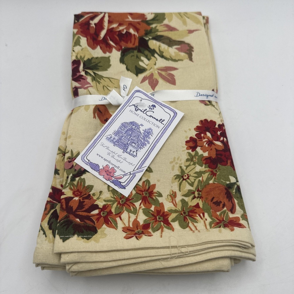 April Cornell Cloth Napkin Set 4 Claudette Fall New Ivory Cream Floral Fabric